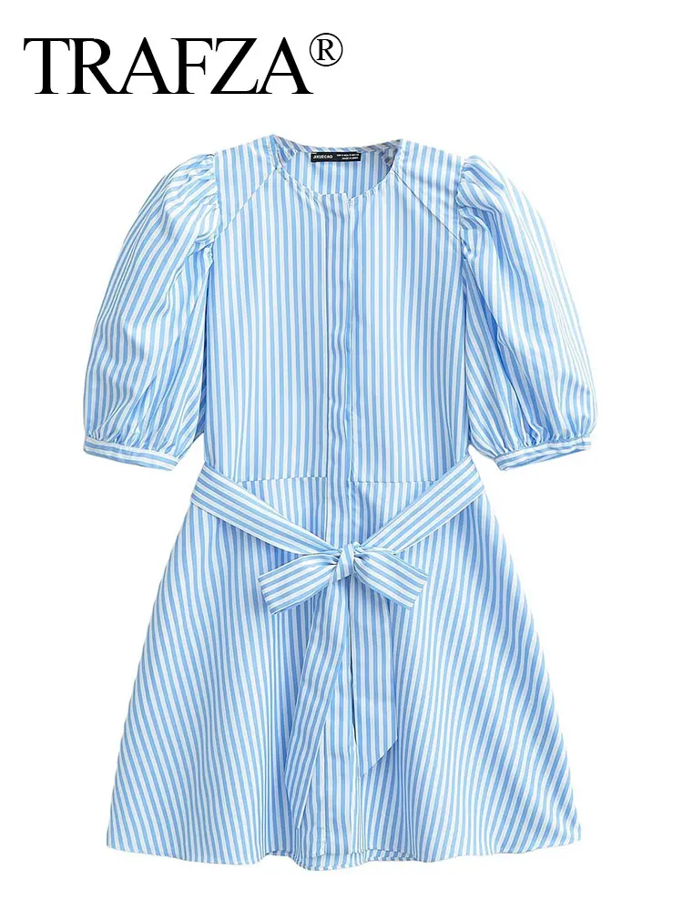 HH Women Belt Mini Dresses Elegant Solid Single Breasted Short Puff Sleeve O Neck Dresses Slim Female Summer Casual Dresses