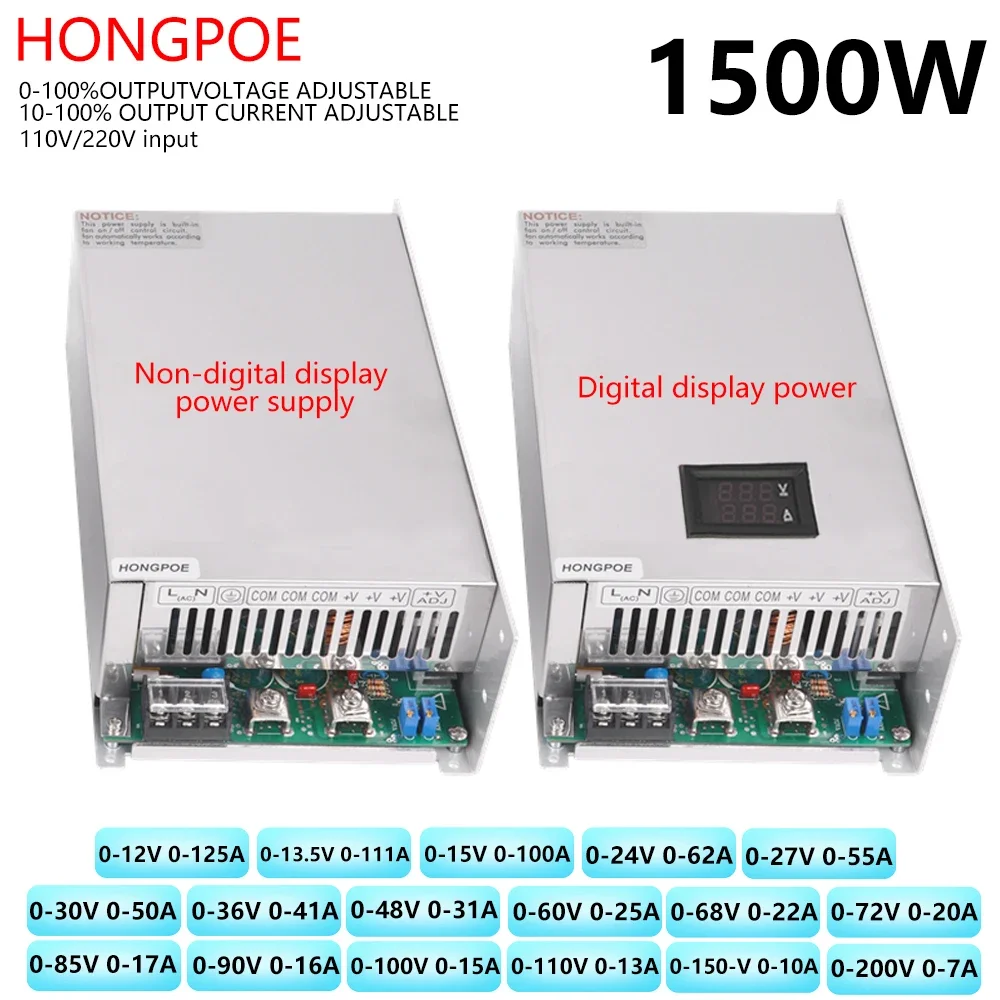 1500W 0-12V 15V 24V 27V 30V 36V 48V 60V 68V 72V 85V 90V 100V 110V 150V 200V ดิจิตอลจอแสดงผล AC-DC 1