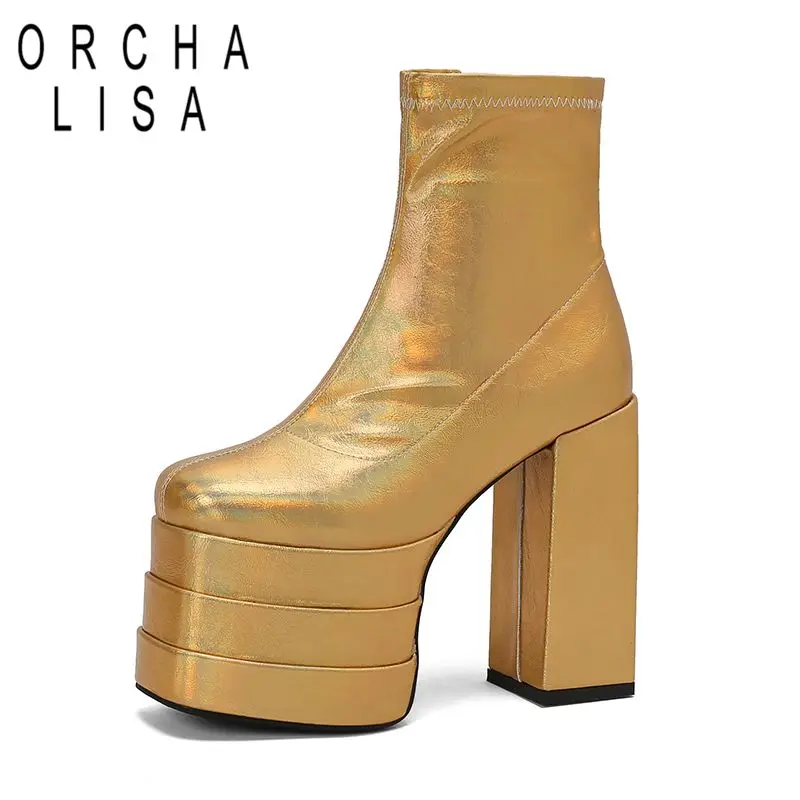 

ORCHALISA Fashion Women Ankle Boots Square Toe Block High Heels 14cm Platform Hill 8cm Zipper Party Booty Large Size 43 44 45 46