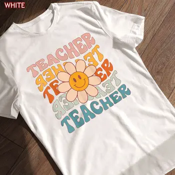레트로 교사 데이지 컬러풀 여성 티셔츠, 여아용 긴팔 또는 반팔 티셔츠, 초등학교 교사