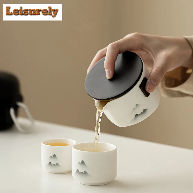 Ink Rhythm Landscape Travel Tea Set Kit Retro 1 Pot 2 Cups Household Tea Making Organizer Portable Outdoor Handbag Decoration