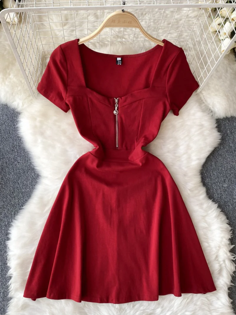 

Женское Короткое платье-трапеция ssTss, однотонное базовое платье с квадратным вырезом, коротким рукавом, молнией спереди и высокой талией на лето