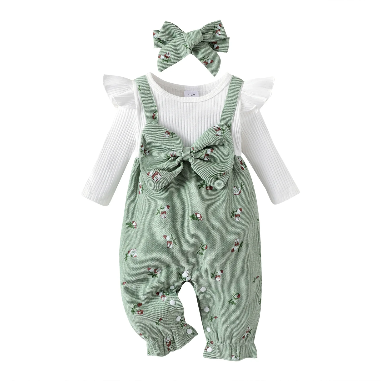 1PCS Autumn Floral Patchwork Romper Set for Infant Girls Long Sleeve Jumpsuit with Bow Headband Cute Baby Outfit Clothing Bundle