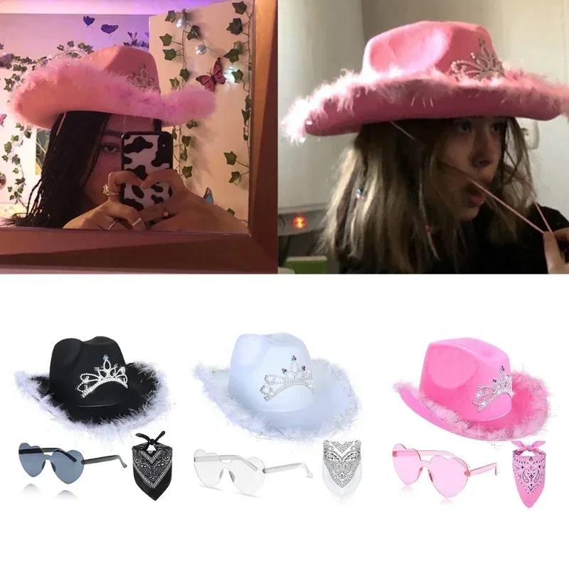 3PC Cowboy Decoration Set  Women Pink Cowgirl Fluffy Cowboy Glitter Hat Carnival Costume Accessory for Party Wear Ha