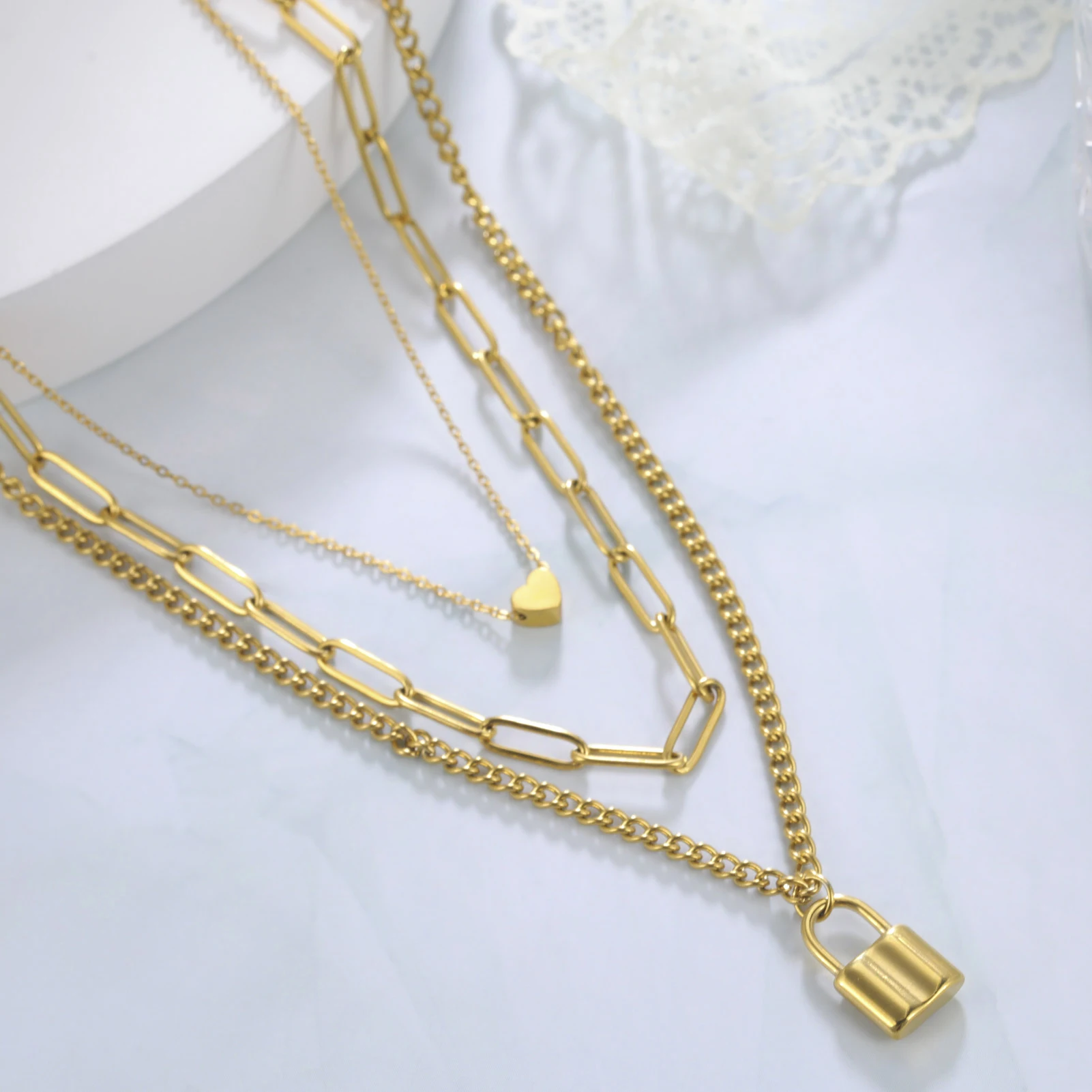Collana Uomo Donna In Acciaio Inox Oro, Catena Quadrata Con Anello E Lucchetto, Gioiello Creativo - 2