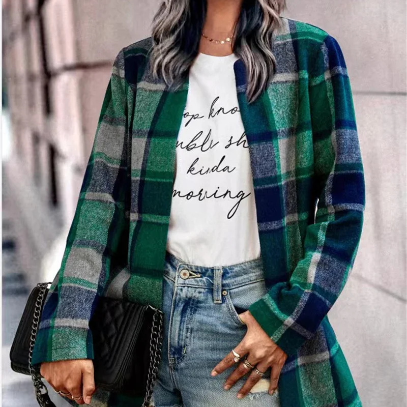 2023 Autumn/Winter New Age Reducing Lazy Style Simple Slim Loose Plaid Print Long Sleeve Pocket Suit Collar Woolen Female Coat