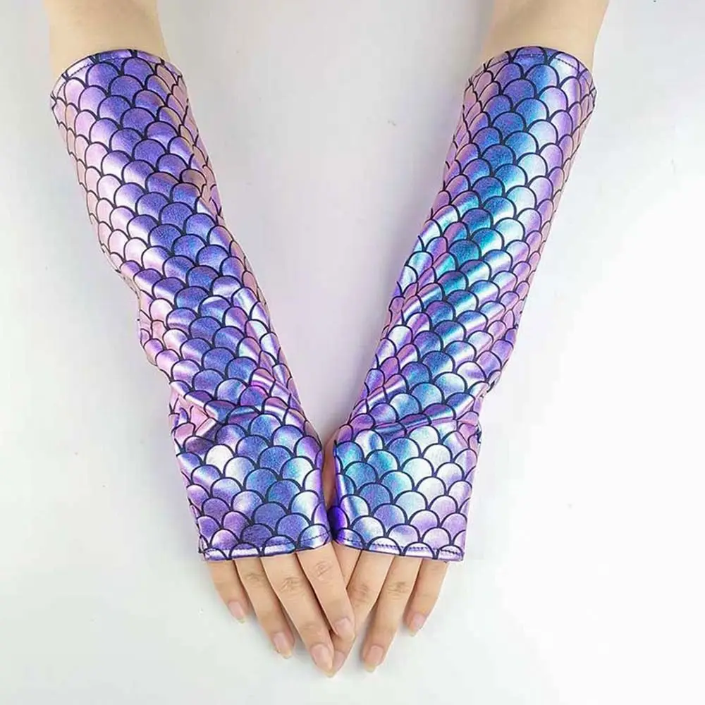 Fashion Colorful Fingerless Gloves Fish Scale Long Arm Sleeves Cosplay Gloves Adult