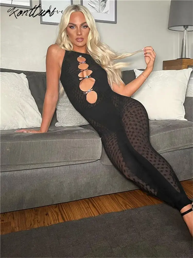 Kontturi Summer Mesh See Through Jumpsuit For Women Sexys 2023 O Neck Sleevless Hollow Playsuit One Pieces Black Skinny Jumpsuit