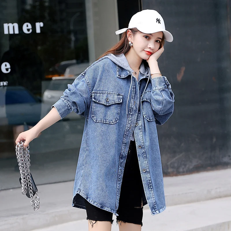 

Spring Autumn Blue Denim Jacket Women Hooded Single Breasted Loose Mid-Length Jeans coat Female Vintage Cowboy outerwear R270