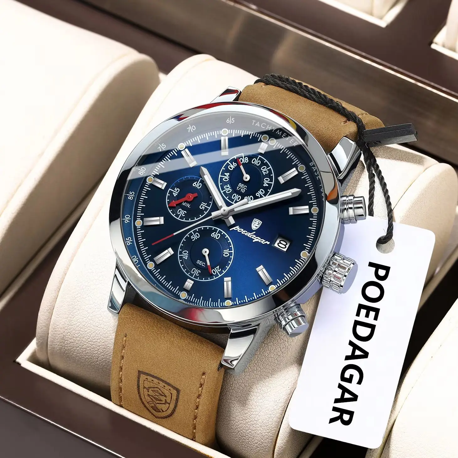 POEDAGAR Funktionale Herren-Armbanduhr mit Datum, wasserdicht, leuchtend, Chronograph, Leder, Quarz, Militäruhr + Geschenkbox_voghion.com