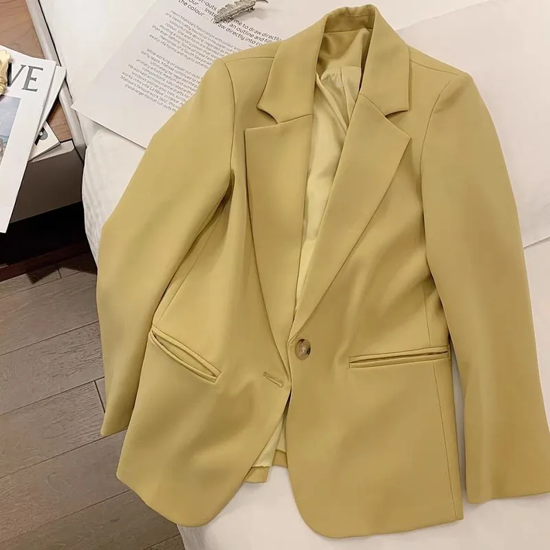 

Lucyever Yellow Senior Sense Blazers Ladies Korean Fashion Single Button Long Sleeve Jackets Casual Loose Office Lady Suit Coat