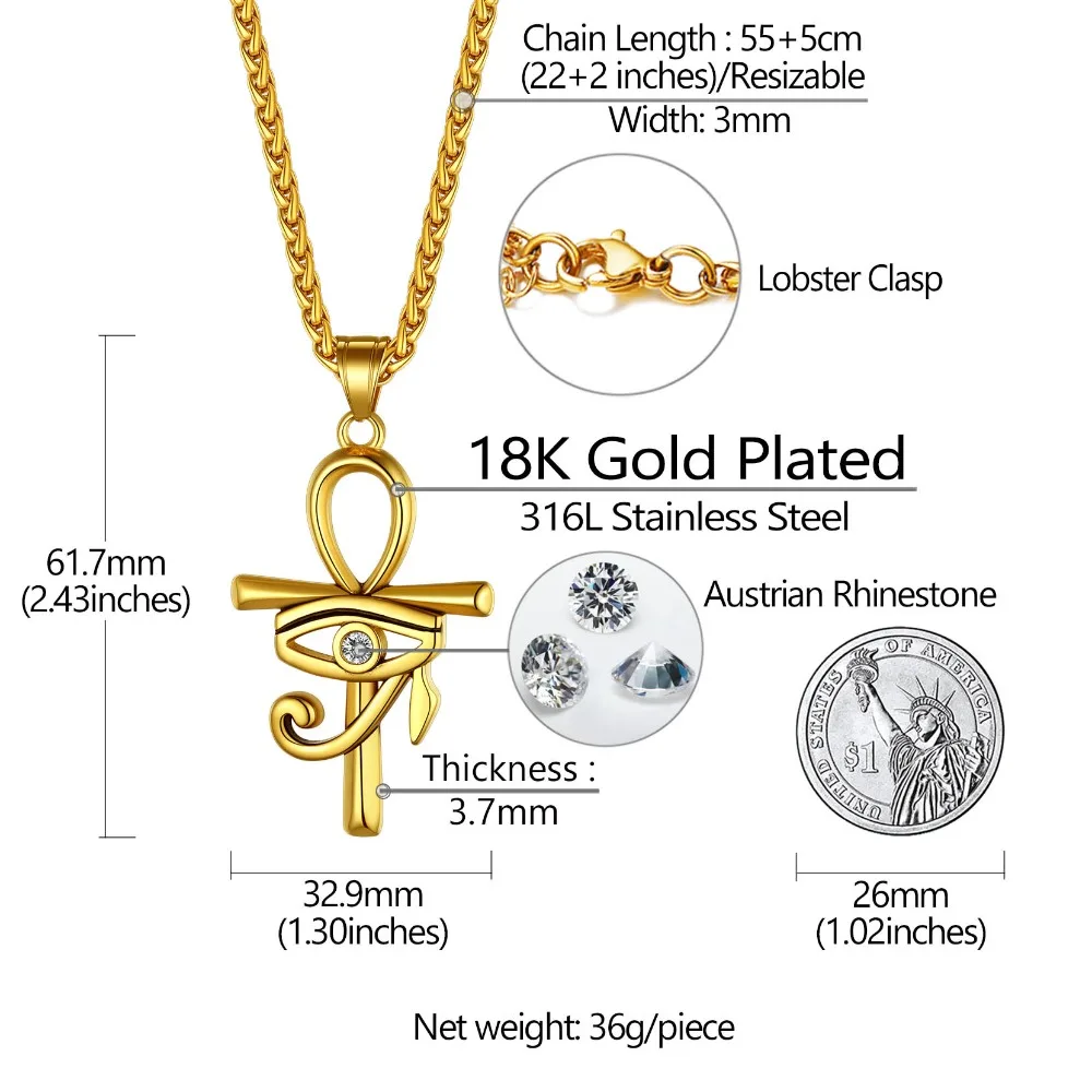 U7 Stainless Steel Ankh Cross Necklace for Men Women Eye of Horus 3mm Link Chain Ancient Egyptian Life Symbol Religious Jewelry - Image 5