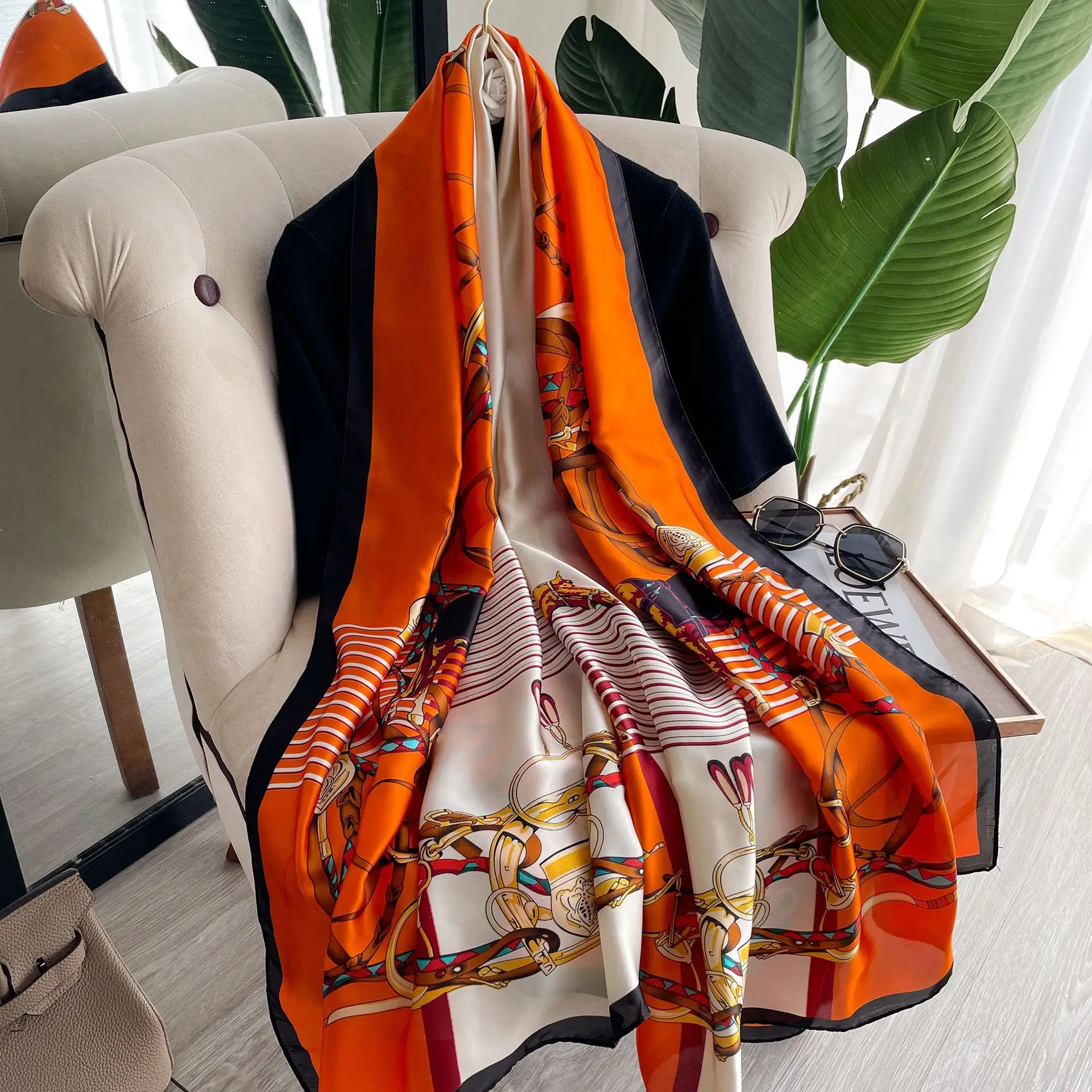 180x90cm Large Silk Satin Scarf Hijab Women Print Spring New Shawl Wrap Female Hand Foulard Pashmina Mallzona