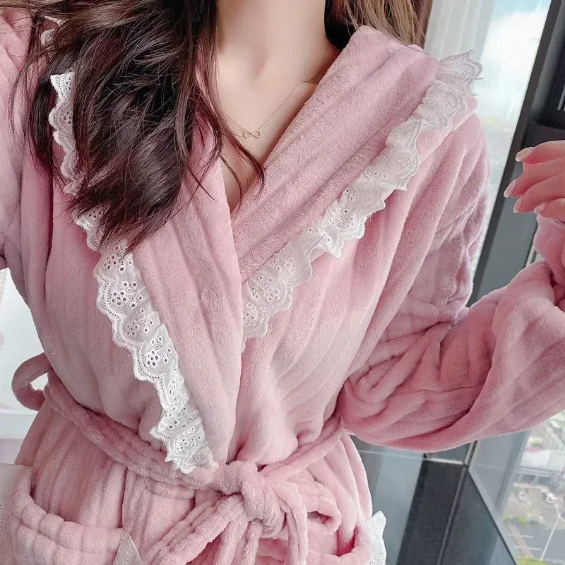 

for Nightgown Homewear Lace Sleeve Belt Winter 2023 Warm Women Long Fleece Robe Pajama Solid Wears Night Nightdress Sleepwear