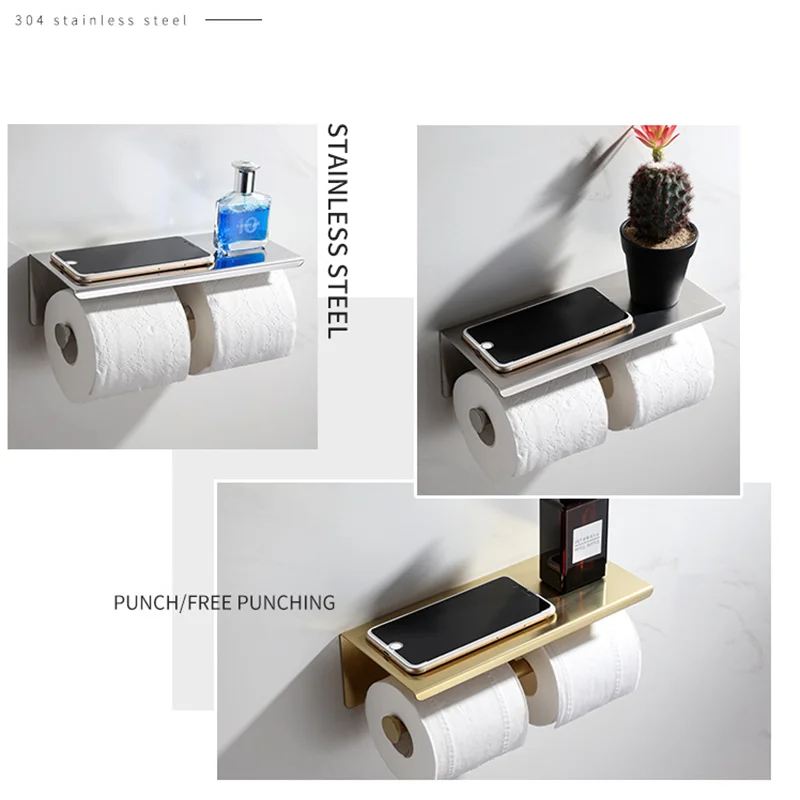 Stainless Steel Double Toilet Paper Holder Wall Mounted Toilet Roll Paper Towel Holder Cell Phone Bathroom Accessories