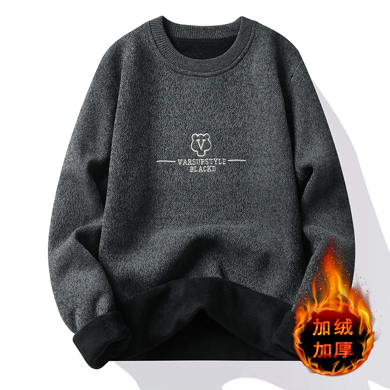 Round neck sweater, men's autumn and winter trendy brand long sleeved base shirt, casual lining with woolen clothes, plush knit