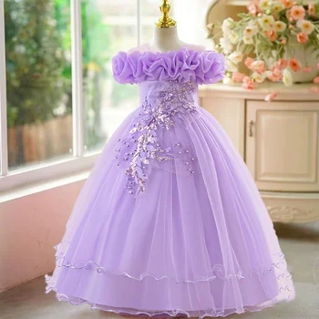 Floral Mesh Dress For Kids Girls White Formal Gown For Valentine's Day Party Wedding Prom Ball Dance Performance Elegant Fancy 1