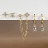 Boucles d'oreilles carrées suspendues en acier inoxydable, 2 pièces, pierre d'anniversaire de décembre, chaîne en zircone cubique, fleur, bijoux de perçage