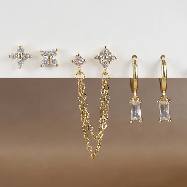 Boucles d'oreilles carrées suspendues en acier inoxydable, 2 pièces, pierre d'anniversaire de décembre, chaîne en zircone cubique, fleur, bijoux de perçage