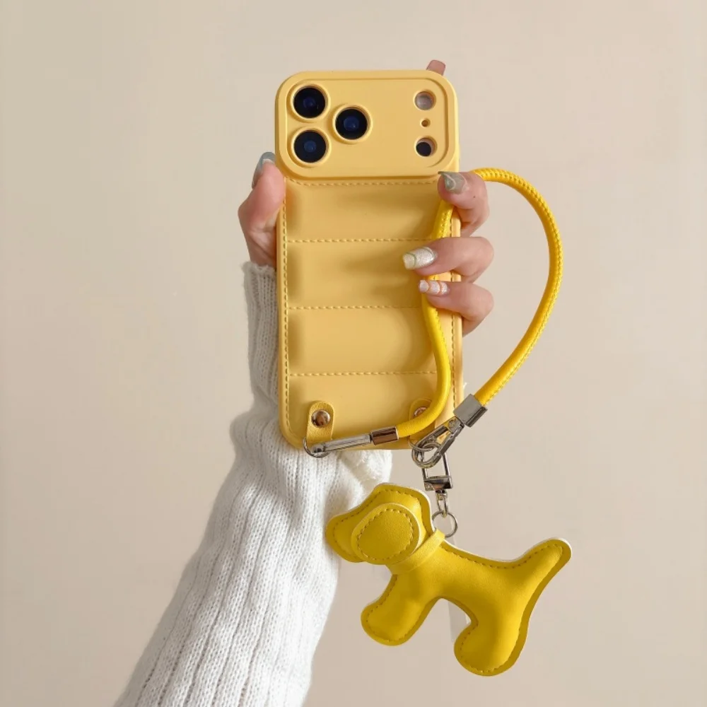 Cartoon Dog PU Leather Lanyard Phone Case with Creative Down Jacket Design