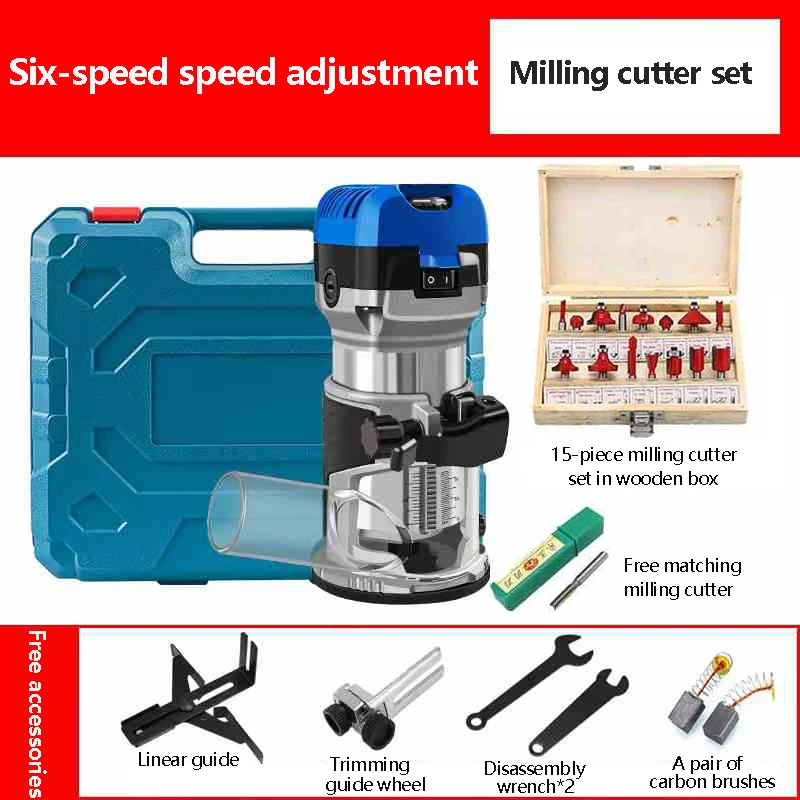 Wood Router 1900W Compact Wood Trimmer Combo Tool 33000RMIN 6 Variable Speeds for DIY Woodworking Slotting Trimming
