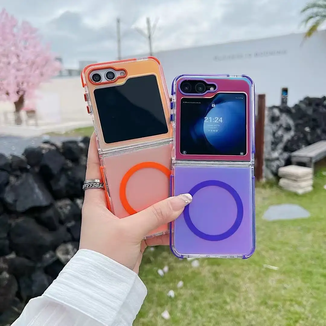 Luxury Color-Changing Acrylic Shockproof Magnetic Wireless Charging Phone Case with Folding Hollow Design