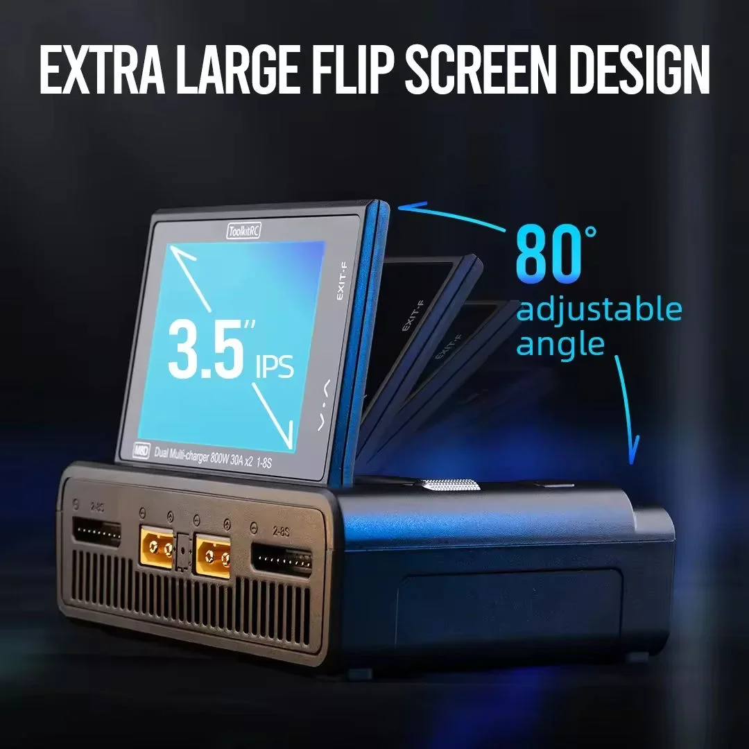 1600W 50A 1-8S LiPo Charger Dual Channel, ToolkitRC M8D Touchscreen 3.5" Flip Screen 65W PD, for RC LiHV LiFe Battery Model thumbnail 3