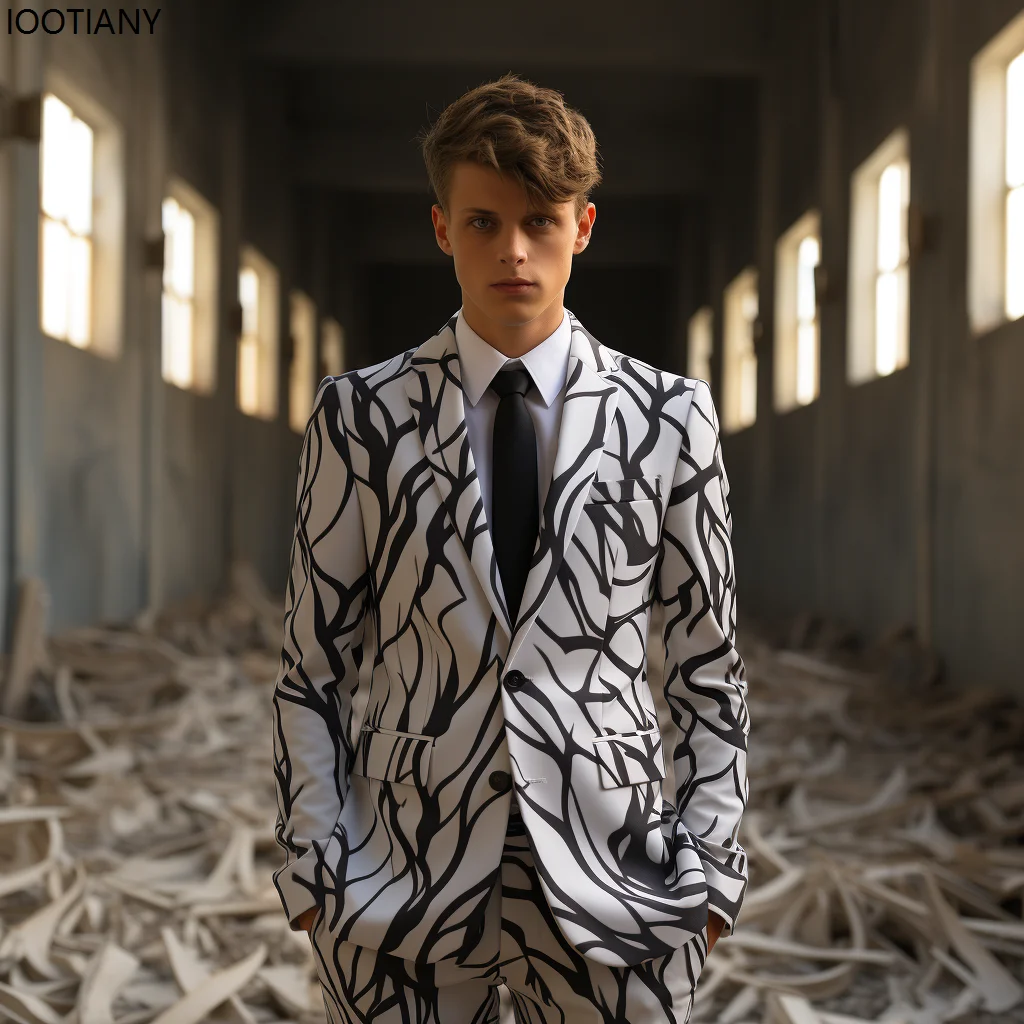Men Creative Irregular Pattern Suits Business Casual Printing Two-button Jacket & Pant Holiday Party Cool Performance Suit New