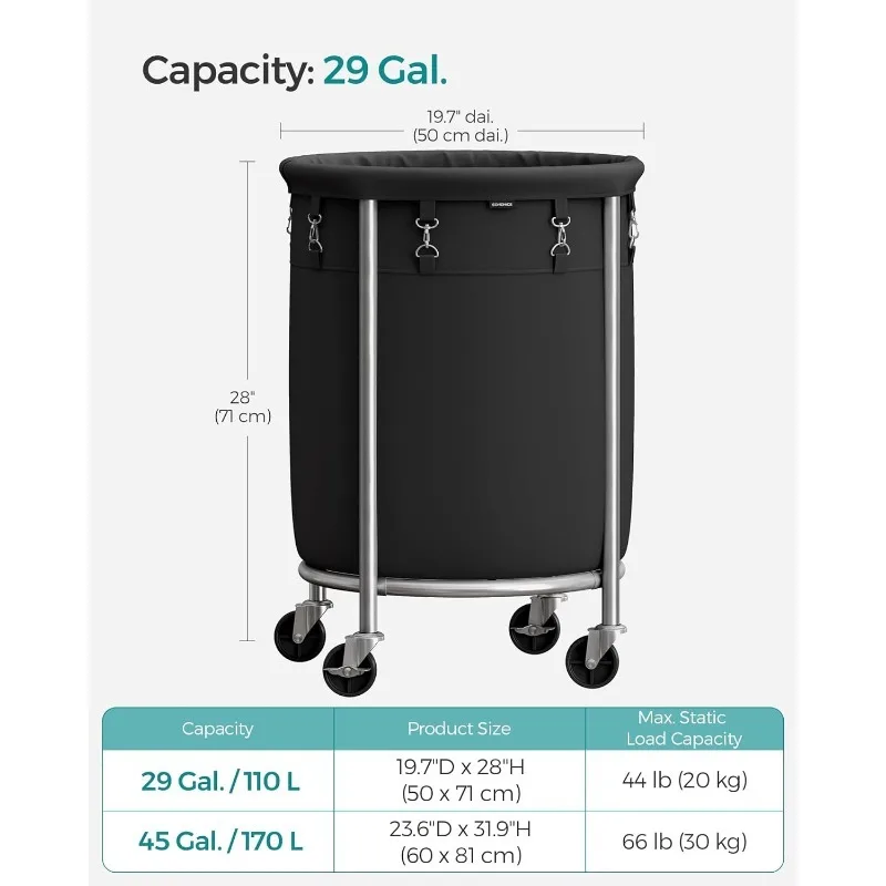 Laundry Basket with Wheels,Rolling Laundry Hamper, 18.5 Gal,Round Cart with Steel Frame and Removable Bag,4 Casters