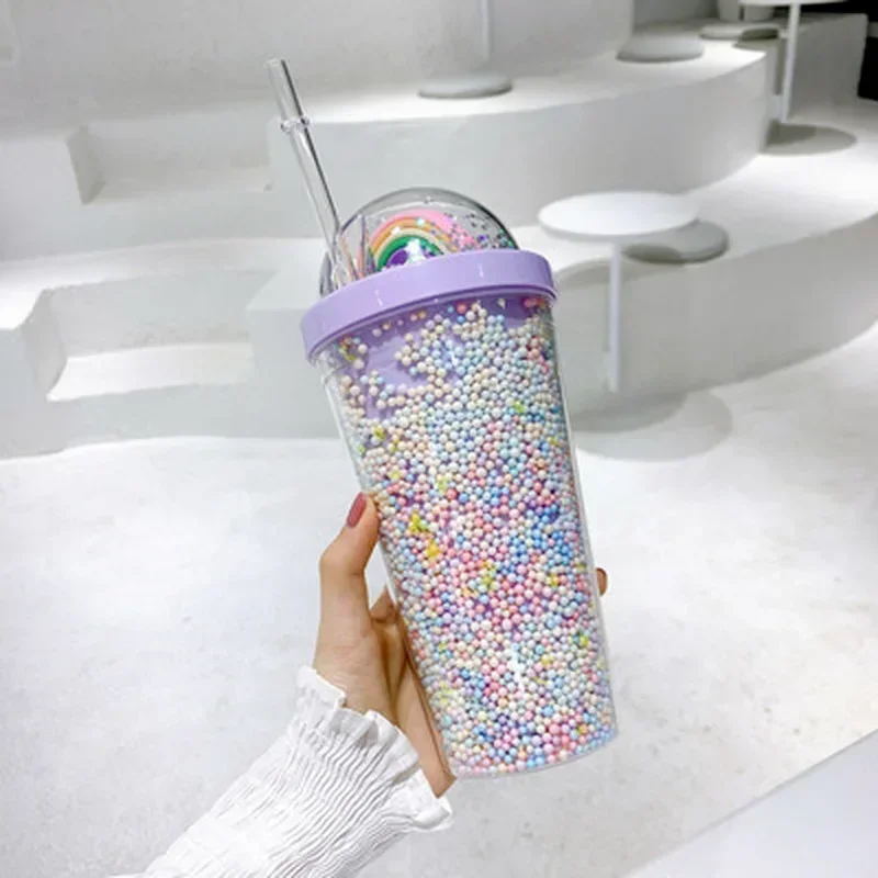 Double Layers Rainbow Plastic Water Bottle with Straw Korean Style Creative Sweet Mug for Milk Coffee Tea Cup Water Bottles