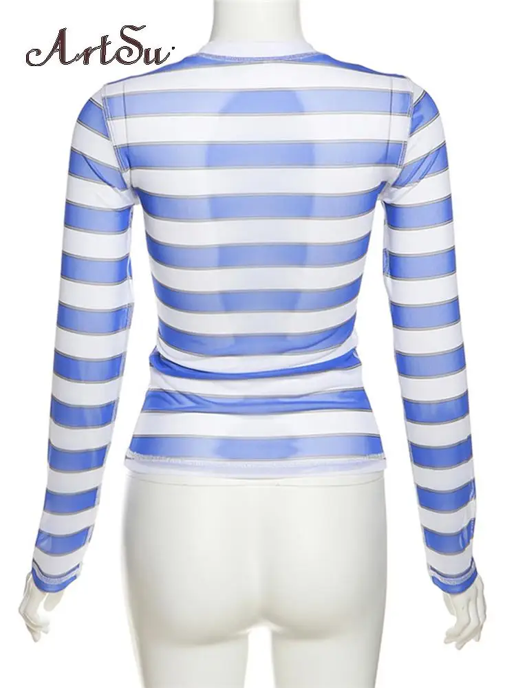 Artsu  Portrait Stripe Print T-shirts mesh See-through Women Basics Casual Full Sleeve Slim Top Female Streetwear Tee