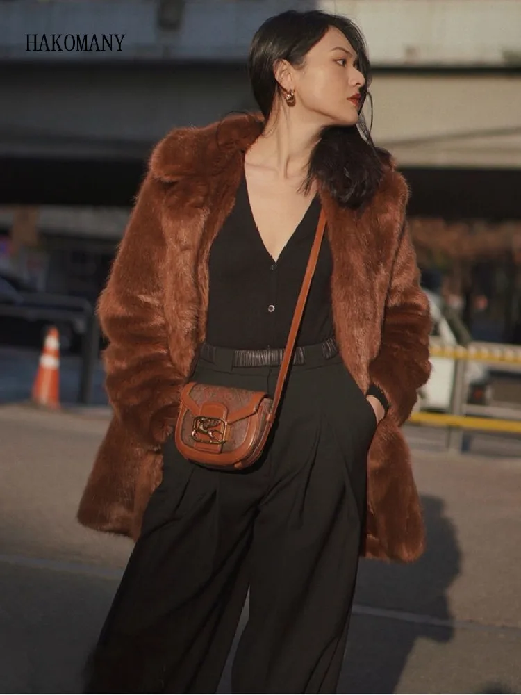 

Vintage Full Sleeve Furry Faux Fur Coat Mid Long Outerwear HIGH QUALITY Winter Coffee Lapel Hairy Shaggy Faux Fur Jacket