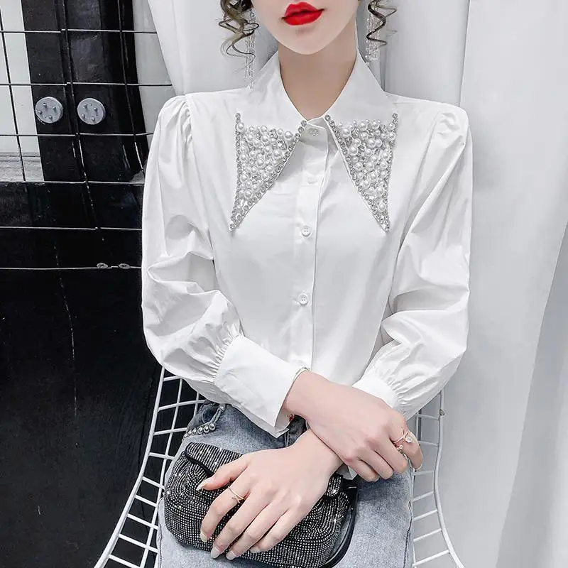 Nail Bead Doll Collar Fashion Blouse Office Lady Spring Autumn All-match Loose Long Sleeve White Elegant Women Cardigan Shirt