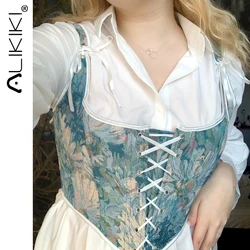 Tie Up Bandage Floral Corset Women Lace-up Sexy Crop Top Summer Sleeveless Boning Bustier Casual Tank Top Plus Size