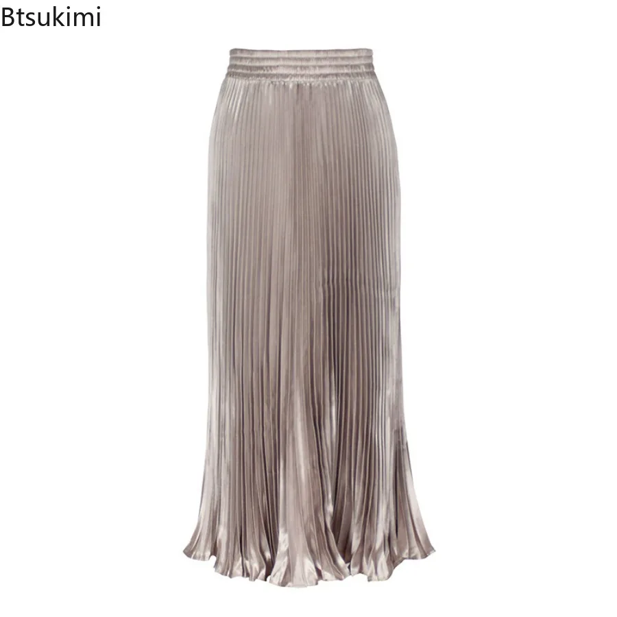 Женские винтажные Рождественские юбки с принтом 2024, плиссированная Тонкая шелковая юбка-зонтик, яркая атласная длинная юбка с высокой талией