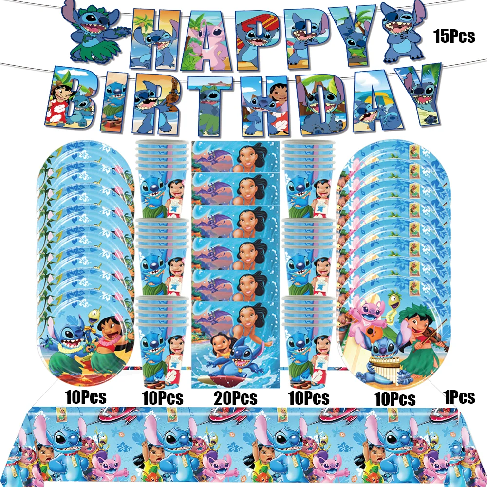 Disney Lilo & Stitch Theme Party Disposable Tableware Paper Plate Cup Baby Shower Kids Pink Stitch Birthday Party Decor Supplies