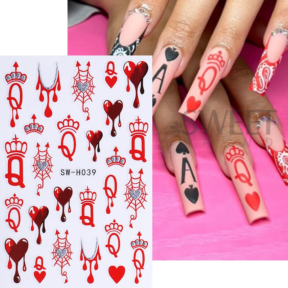 2pcs Gothic Style Halloween Nail Stickers 3D Black Red Heart Spider Web Crown Adhesive Nail Decals Sliders Manicure Decoration