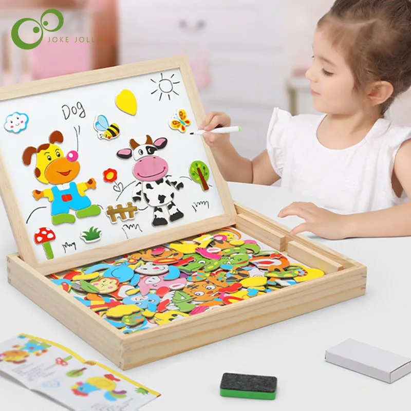 Kids Children Wooden Magnetic Puzzle Whiteboard Drawing Board Creation Toy 