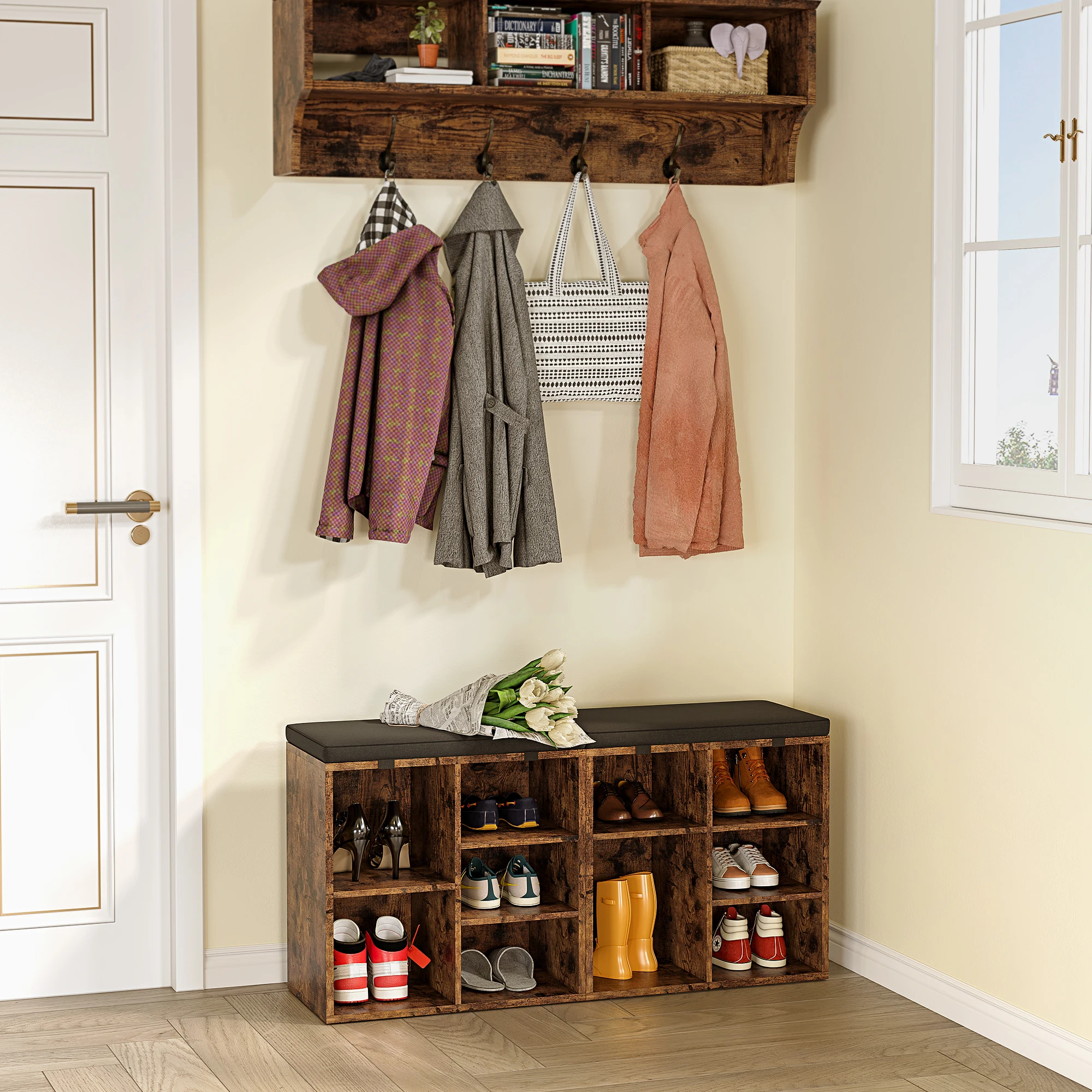 Shoe Storage Bench Cubby Organizer For Entryway, Shoe Bench Storage Rack With Foam Pad Seating Cushion For Hallway Bedroom 2