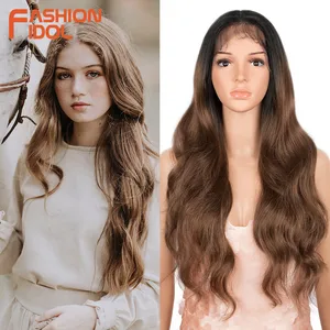 FASHION IDOL 26 inch Body Wave Lace Wigs Synthetic With Ombre Brown Wigs For Women High Temperature Fiber Baby Hair Wigs Cosplay