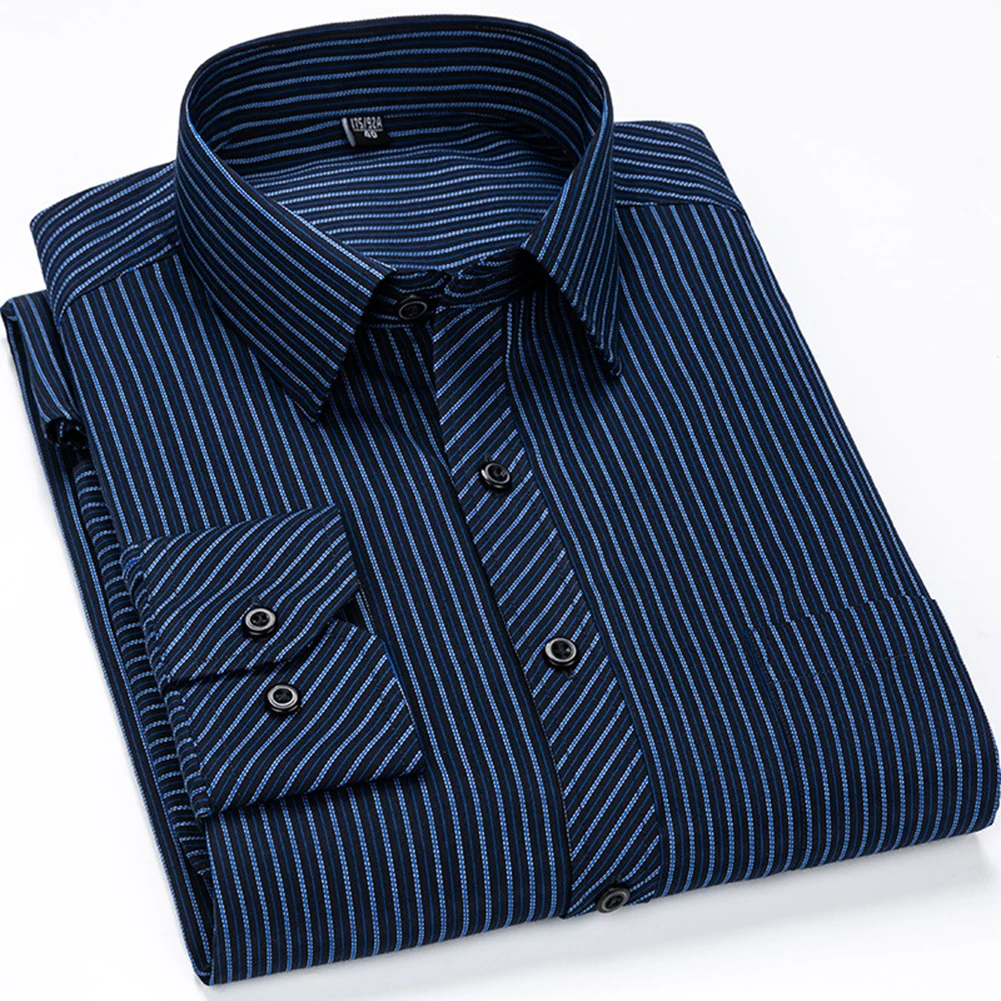Men's Fashion Long Sleeve Shirts Autumn Casual Business All-match Plaid Stripe Lapel Collar Shirt Man Tops