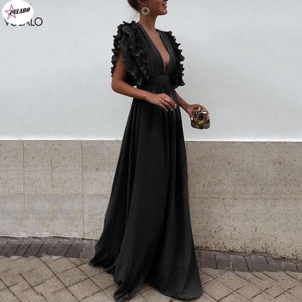 

PULABO Elegant Summer V Neck Long Dresses Ruffles High Waist Women Dresses Evening Party Female Sexy Maxi Dress Vestidos Festa