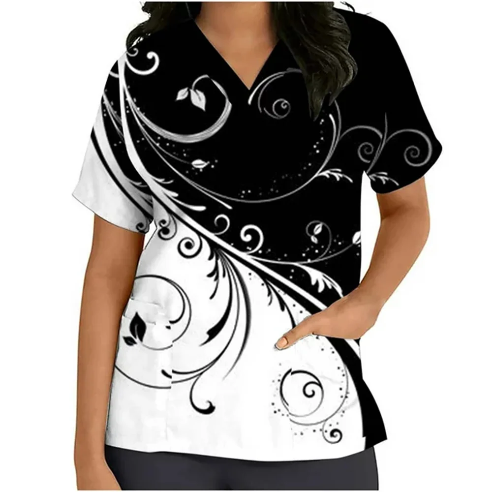 Healthcare Nurse Tunic Uniforms Women Short Sleeve Medical Scrubs Tops Flower Print Pockets Workwear for Clinic Nurse uniform suits nurse uniform dress working uniform blouse nurse scrubs top