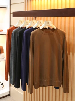 2025 autunno e inverno nuova camicia con fondo lavorato a maglia a maniche lunghe versatile in tinta unita semplice di fascia alta al 100% lana 1