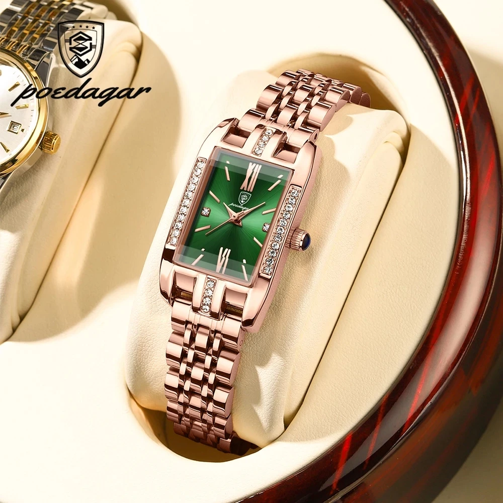 

POEDAGAR Top Brand Luxury Women Watch Fashion Diamond Dial Female Rose Gold Green Watch Waterproof Stainless Steel Women's Watch