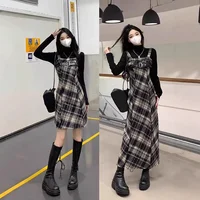 French Plaid Strap Dress Women's Autumn Winter New Long Dress Small Size Korean Style Matching Set Midi Skirt round Neckline