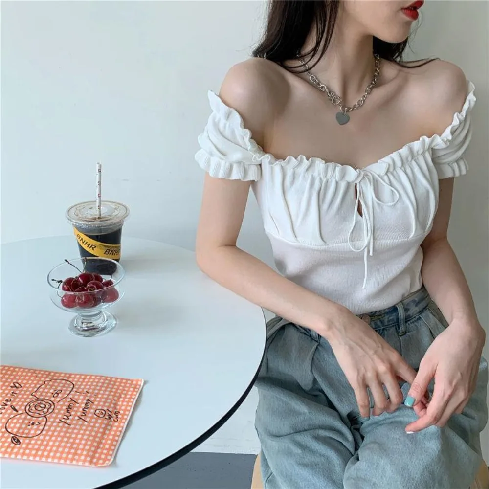 Sleeveless Square Neck Drawstring T-shirt Terylene Straight Shoulder Ice Silk Short Sleeve Top Off-the-shoulder 4