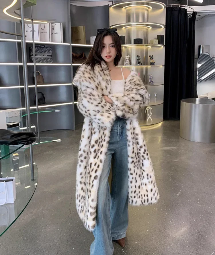 Description Picture 3 of itemS-9XL Winter Thick Warm Big Turn-down Neck Yellow Dot Windbreaker Coat Women Faux Mink Fur Leopard Long Overcoat Loose Trench