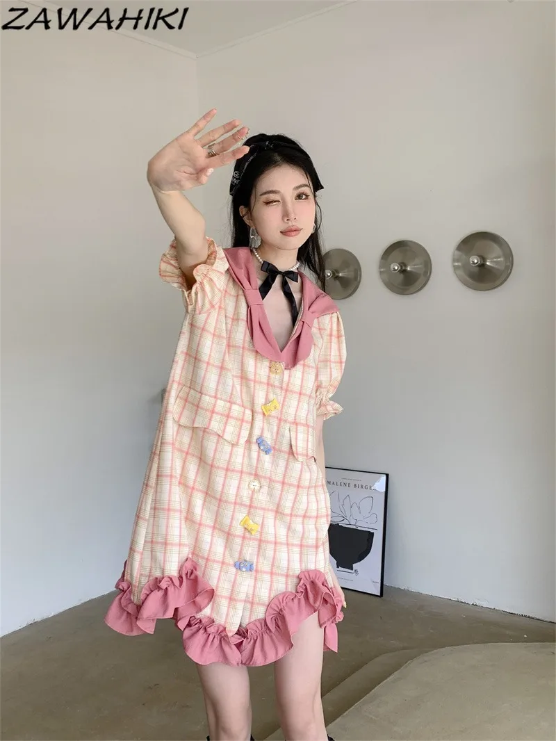 

Japanese Vintage Sweet Loose Patchwork Contrast Color Plaid Casual Dress Women Short Puff Sleeve Bow Ruffles Chic Vestidos