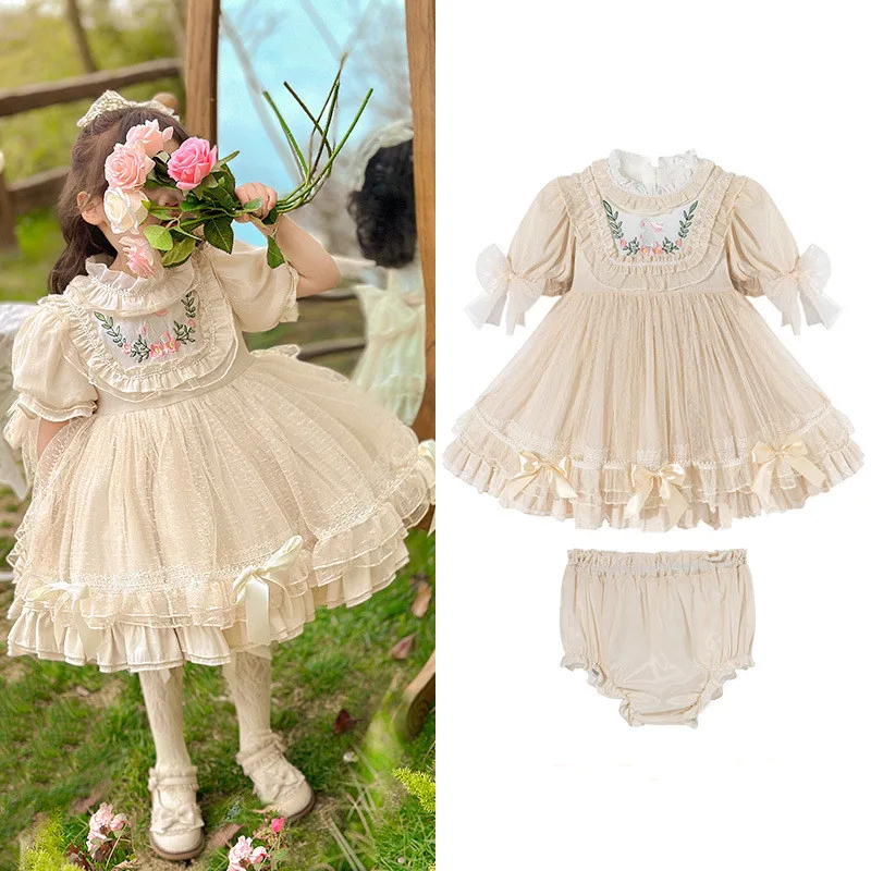

2023 Luxury Spanish Summer Dress for Baby Girls Kids Rabbit Embroidery Tulle Ball Gown Children Lolita Boutique Party Dresses
